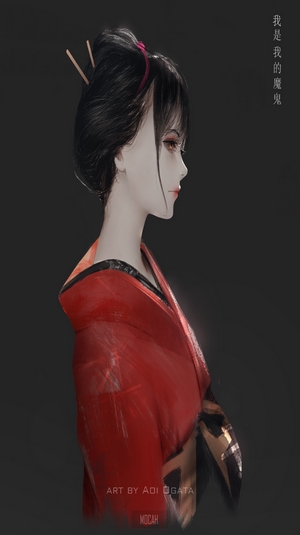 Anime girl with black hair in a red kimono