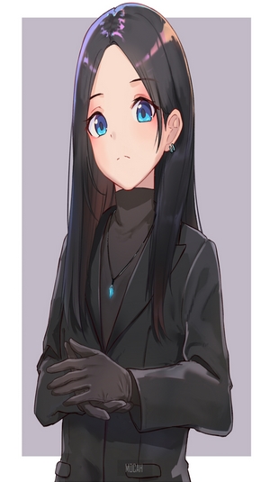 Anime girl in black suit with blue eyes