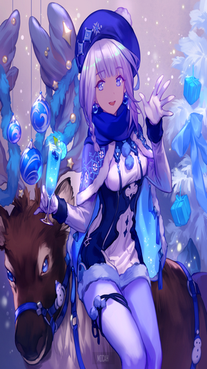 Anime girl with silver hair and blue eyes on a reindeer