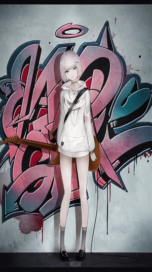Anime girl with guitar in front of graffiti