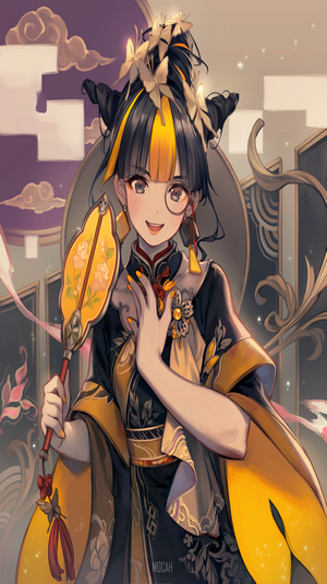 Anime girl with fan and butterfly hair ornaments