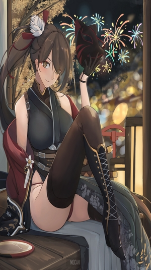 Anime girl with mask and fireworks