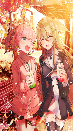 Two anime girls with drinks in autumn setting