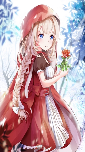 Anime Girl in Red Hood Holding a Rose