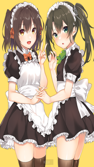 Two anime girls in maid outfits holding hands