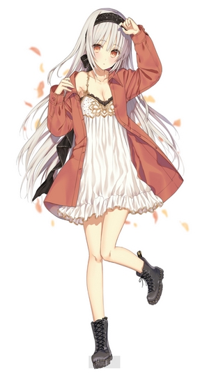 Anime girl with white hair and orange jacket