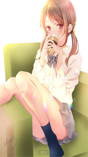 Anime girl drinking from a cup on a couch