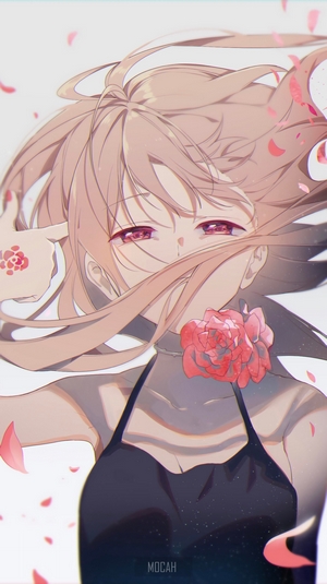 Anime girl with pink hair and red eyes holding a rose