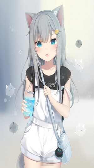 Cute Anime Girl with Cat Ears and Blue Drink