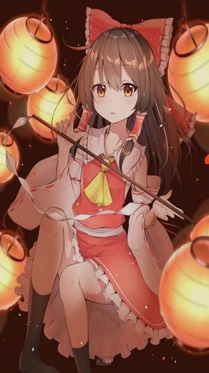 Reimu Hakurei from Touhou with lanterns