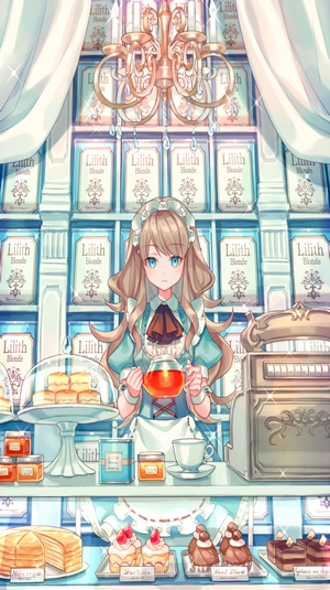 Anime girl in a tea shop with cakes and tea