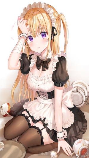 Anime maid girl with blonde hair and purple eyes