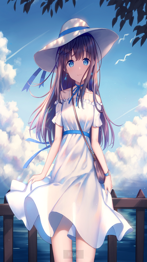 Serene Anime Girl in White Dress and Hat
