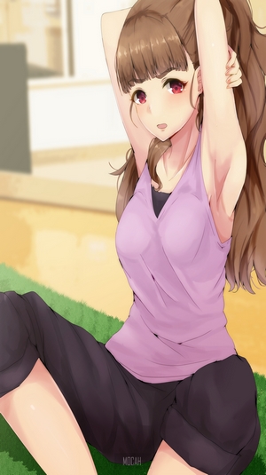Anime girl stretching on a mat