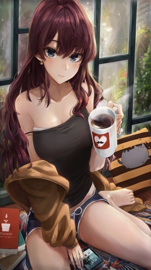 Anime Girl with Coffee by Window