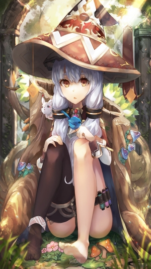 Anime girl with white hair and witch hat in forest