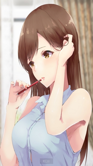 Anime girl with brown hair holding a pencil
