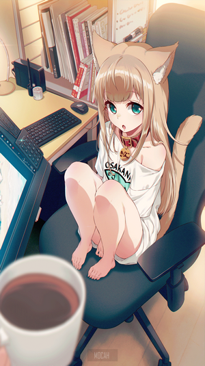 Anime cat girl sitting at a desk with coffee