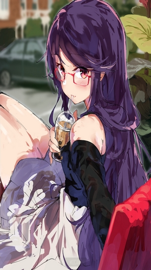 Anime girl with purple hair and glasses drinking bubble tea