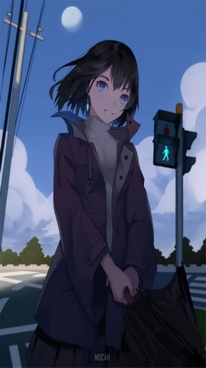 Anime girl with black hair and blue eyes at a crosswalk