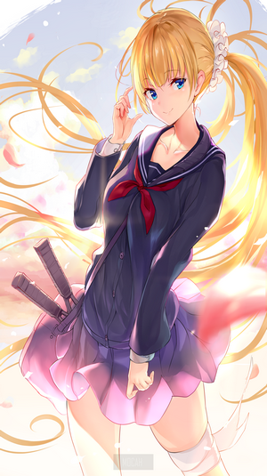 Anime girl with blonde ponytail and blue eyes in sailor uniform