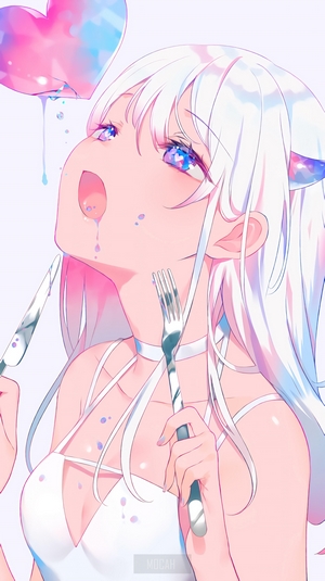 Anime girl with white hair and blue eyes holding a fork