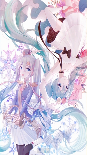 Two anime girls with long hair and musical notes