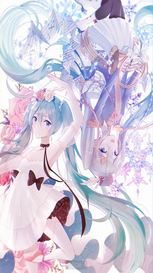 Hatsune Miku and Kagamine Rin with musical notes and flowers
