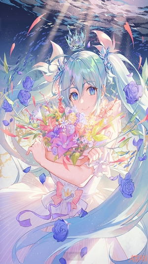 Anime girl with flowers and crown underwater