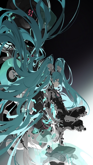 Hatsune Miku from Vocaloid in futuristic cybernetic outfit
