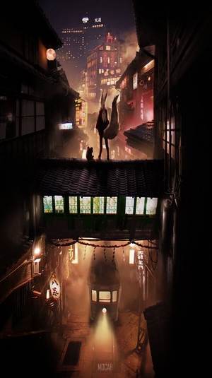 Anime girl with fox tail and cat in a Japanese city at night