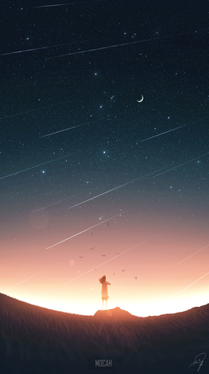 Anime girl watching meteor shower and crescent moon