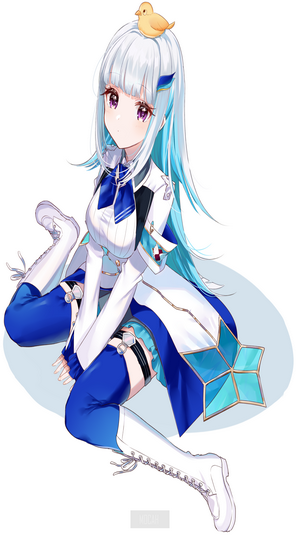 Anime girl with white and blue hair and a duck on her head