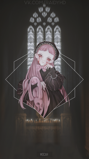 Anime girl with pink hair and bloody eyes holding a bunny