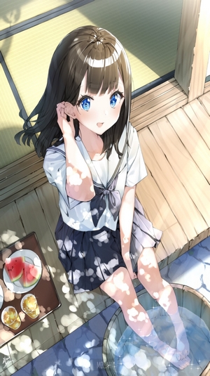 Anime girl with blue eyes in a school uniform dipping her feet in water