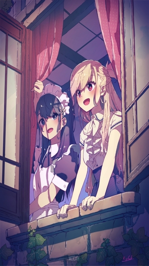 Two anime girls looking out a window