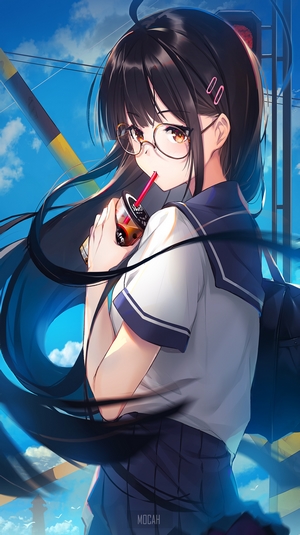 Anime girl with glasses drinking bubble tea