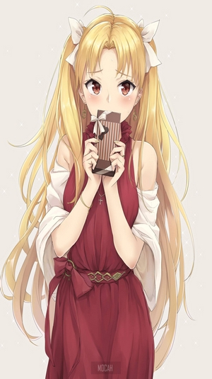 Anime girl with blonde pigtails holding chocolate