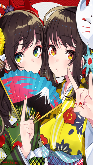 Two anime girls in kimonos with fans and masks