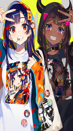 Two anime girls with lollipops and colorful outfits