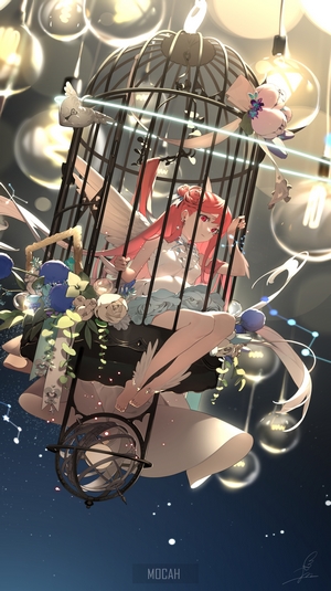 Anime girl with wings in a birdcage