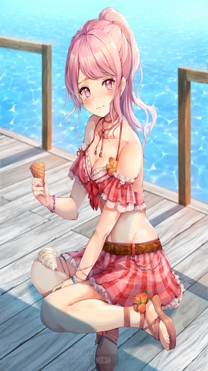 Anime girl in swimsuit with ice cream on dock