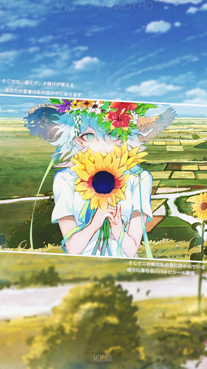 Anime girl with sunflower and flower crown in field