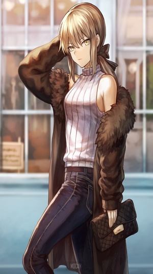 Anime girl in stylish winter outfit holding a purse