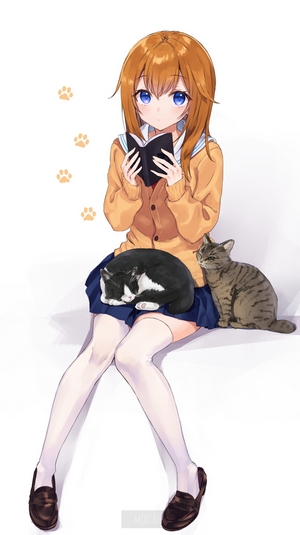 Anime girl reading with two cats
