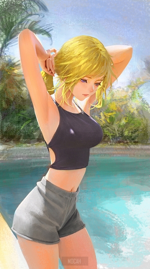 Anime girl with blonde hair by the water