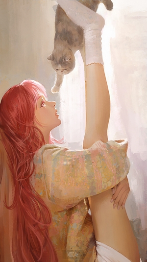 Anime Girl with Long Red Hair and Cat
