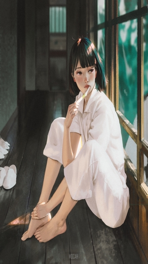 Anime girl with short black hair sitting by a window