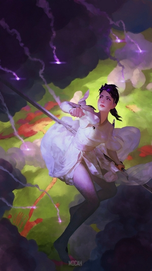Anime girl with sword in stormy sky