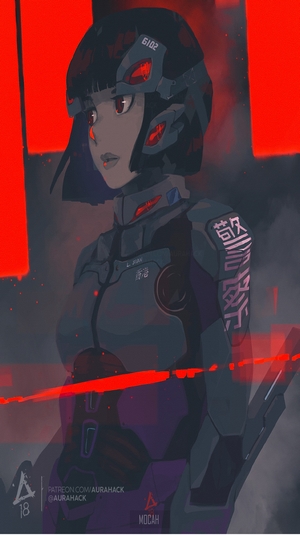 Anime girl in futuristic armor with red accents